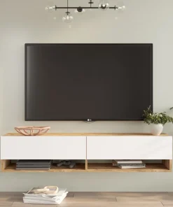 Meuble TV mural, 2 portes basculantes Pino L140cm Bois clair et Blanc