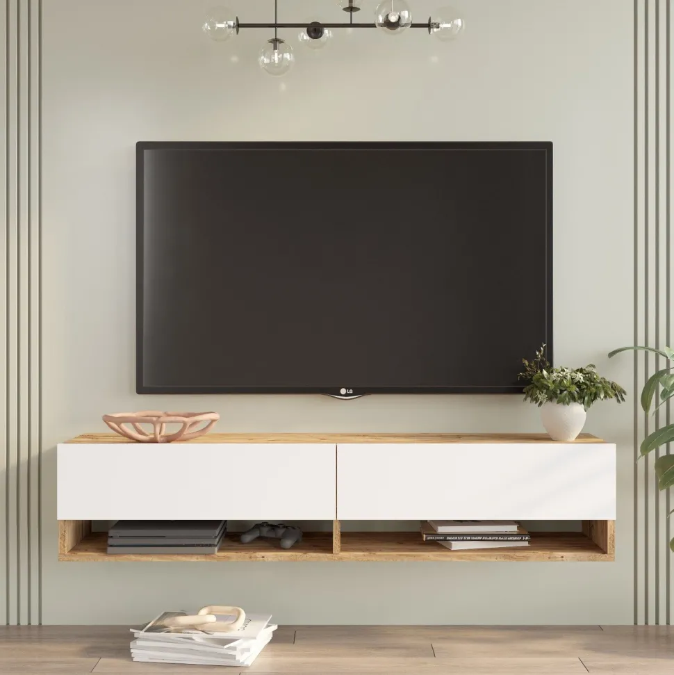 Meuble TV mural, 2 portes basculantes Pino L140cm Bois clair et Blanc
