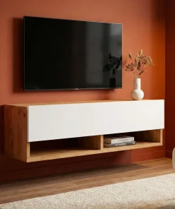 Meuble TV mural avec 1 porte basculante Pino L100cm Bois clair et Blanc