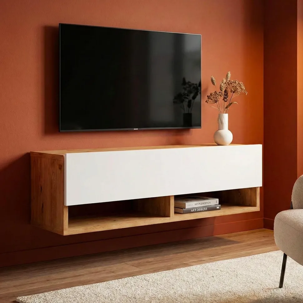 Meuble TV mural avec 1 porte basculante Pino L100cm Bois clair et Blanc