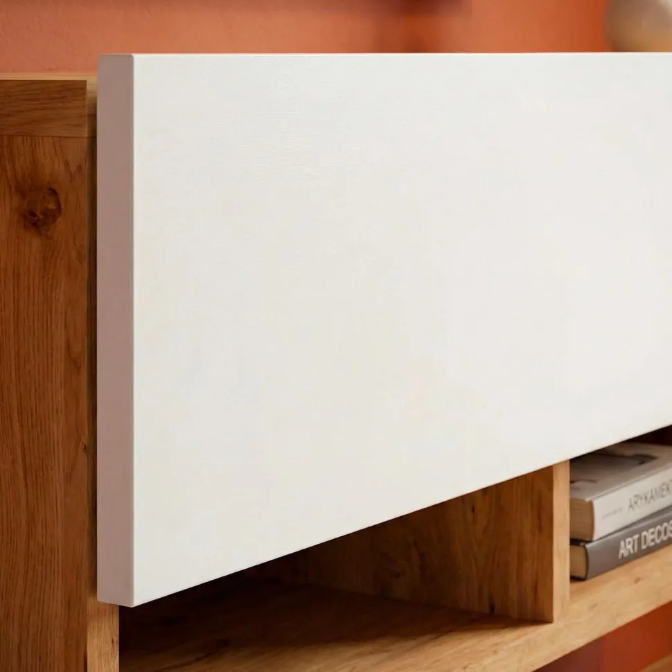 Meuble TV mural avec 1 porte basculante Pino L100cm Bois clair et Blanc