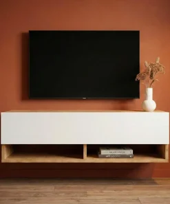 Meuble TV mural avec 1 porte basculante Pino L100cm Bois clair et Blanc
