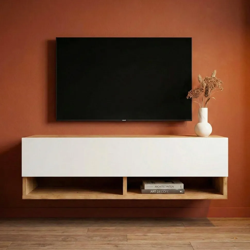 Meuble TV mural avec 1 porte basculante Pino L100cm Bois clair et Blanc