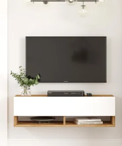 Meuble TV mural avec 1 porte basculante Pino L100cm Bois clair et Blanc