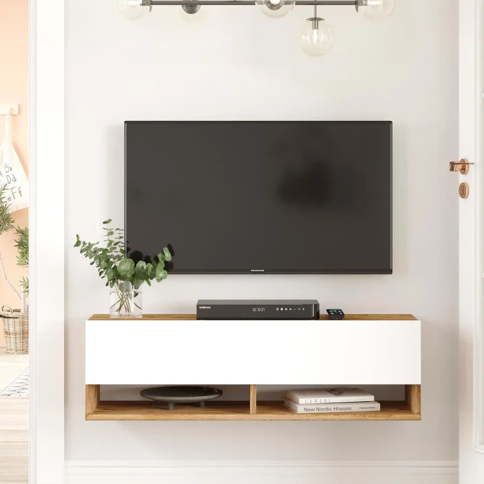 Meuble TV mural avec 1 porte basculante Pino L100cm Bois clair et Blanc