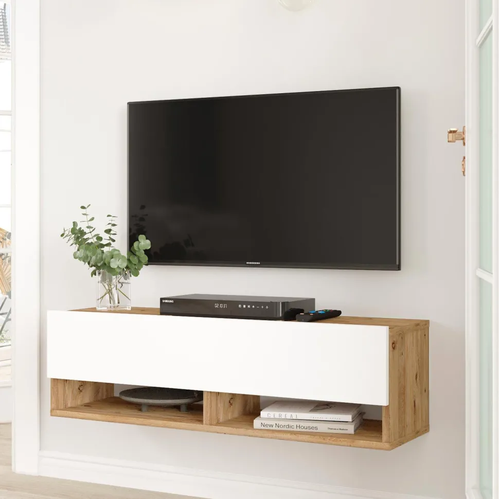 Meuble TV mural avec 1 porte basculante Pino L100cm Bois clair et Blanc