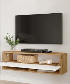 Meuble TV mural avec 1 porte basculante Pino L100cm Bois clair et Blanc