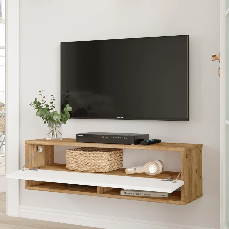 Meuble TV mural avec 1 porte basculante Pino L100cm Bois clair et Blanc
