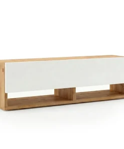 Meuble TV mural avec 1 porte basculante Pino L100cm Bois clair et Blanc