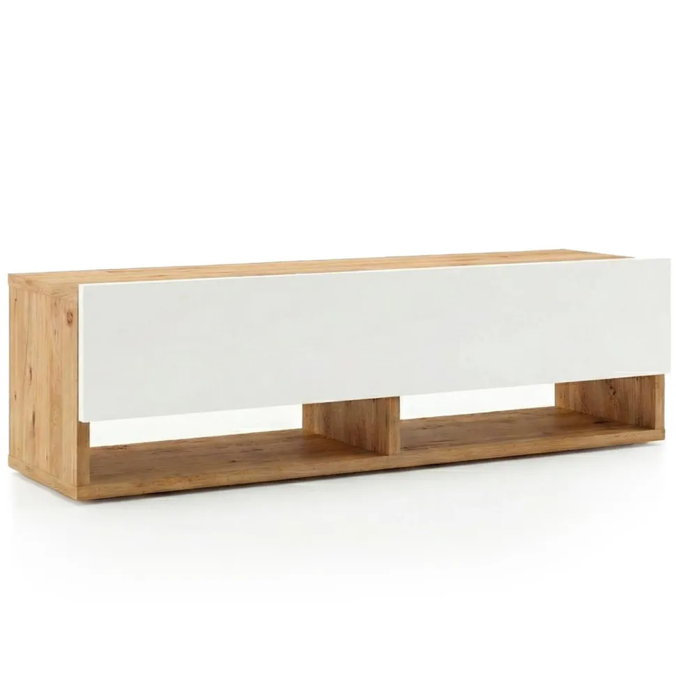 Meuble TV mural avec 1 porte basculante Pino L100cm Bois clair et Blanc