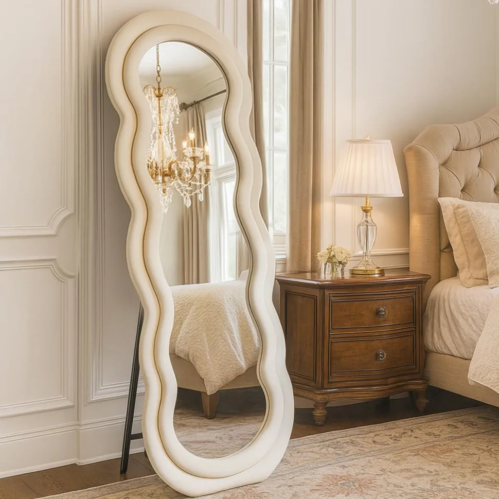 Miroir en pied décoratif design ondulé Andromak 70x170cm Velours Crème