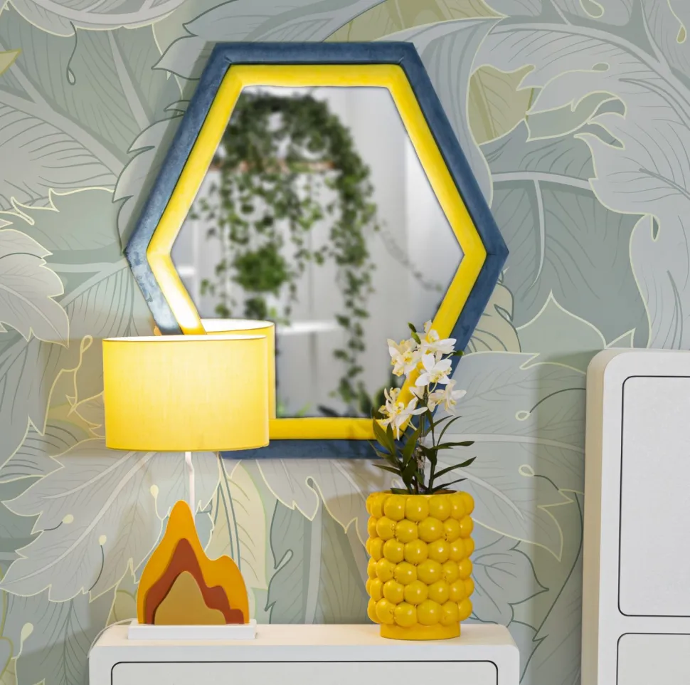Miroir mural hexagonal cadre en bois Tissu Velours Bleu et Jaune