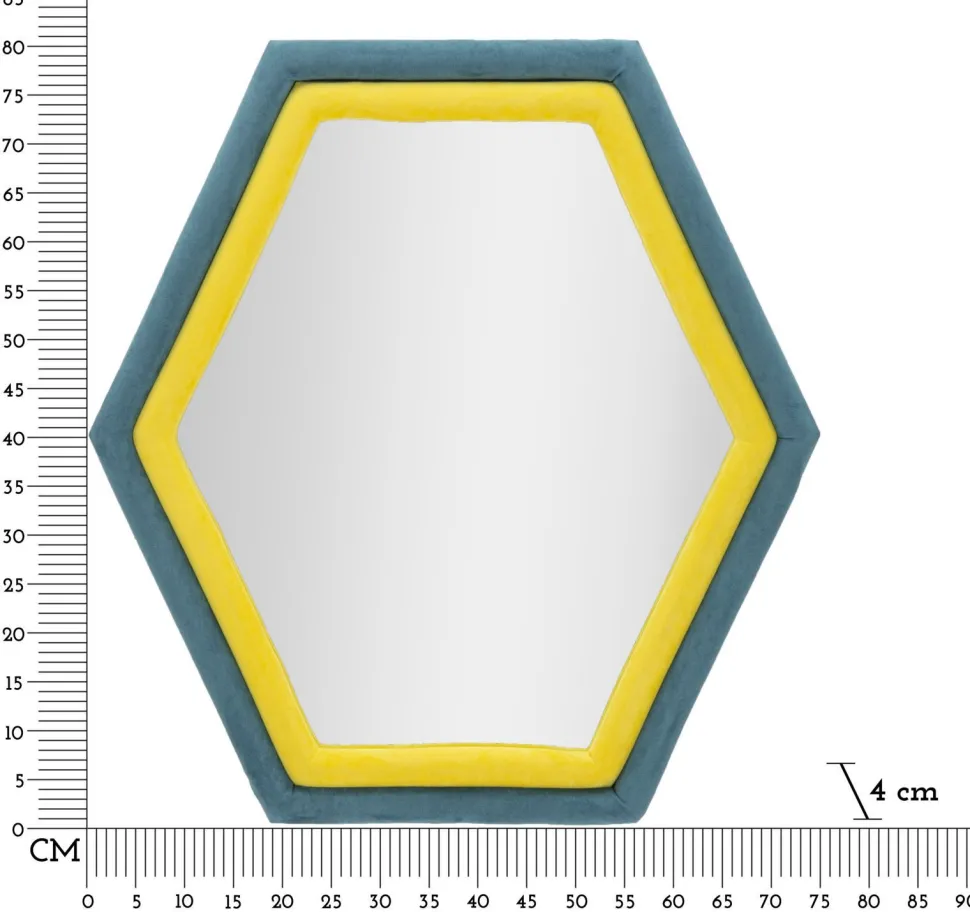 Miroir mural hexagonal cadre en bois Tissu Velours Bleu et Jaune