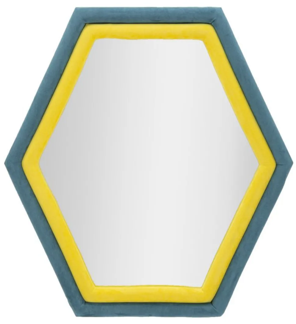 Miroir mural hexagonal cadre en bois Tissu Velours Bleu et Jaune