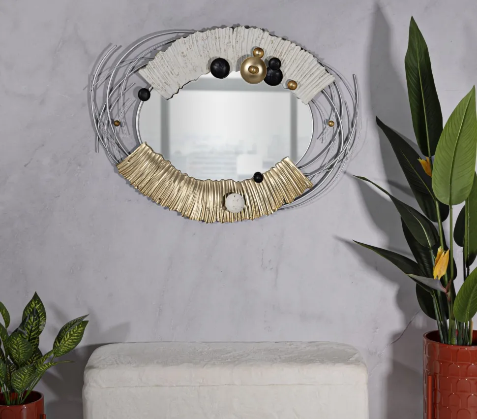 Miroir mural métal doré et argenté décorations noires