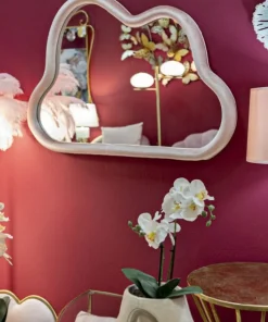 Miroir mural nuage en bois recouvert de tissu polyester rose