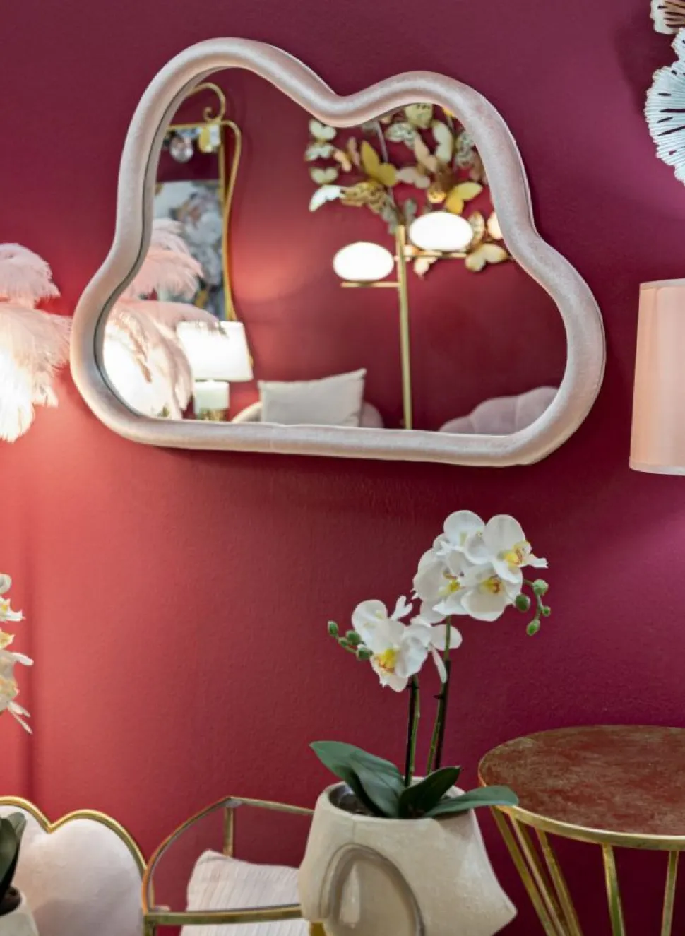 Miroir mural nuage en bois recouvert de tissu polyester rose