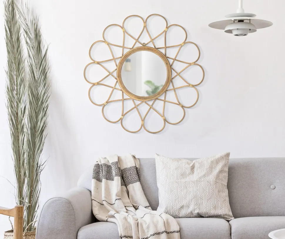 Miroir mural rond Almeria Rotin marron verre fer