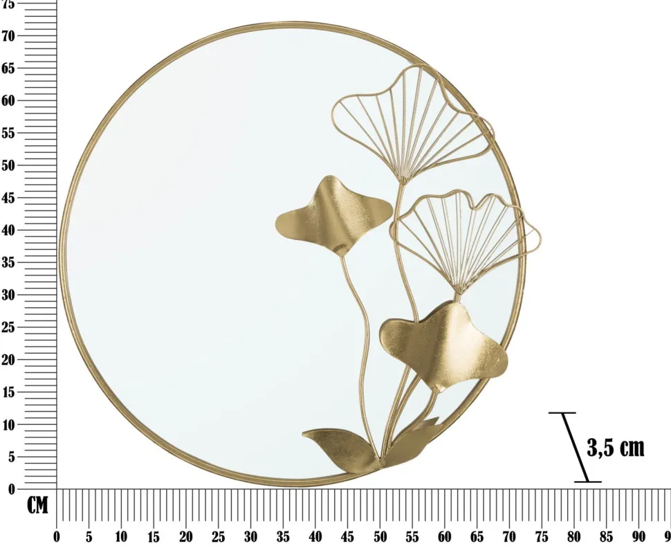 Miroir mural rond décoratif en métal doré et verre avec motifs floraux