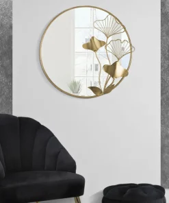 Miroir mural rond décoratif en métal doré et verre avec motifs floraux