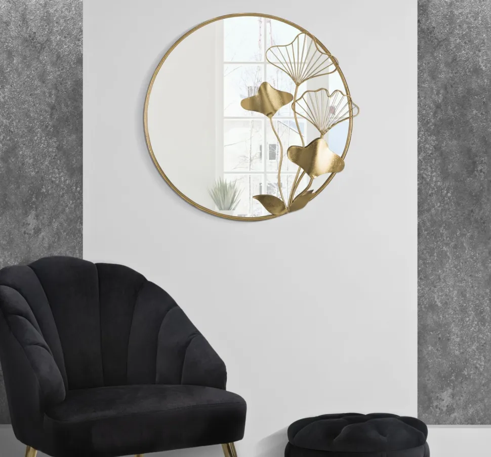 Miroir mural rond décoratif en métal doré et verre avec motifs floraux