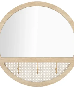 Miroir mural rond Fuji Chêne Clair avec 3 crochets en paille de Vienne
