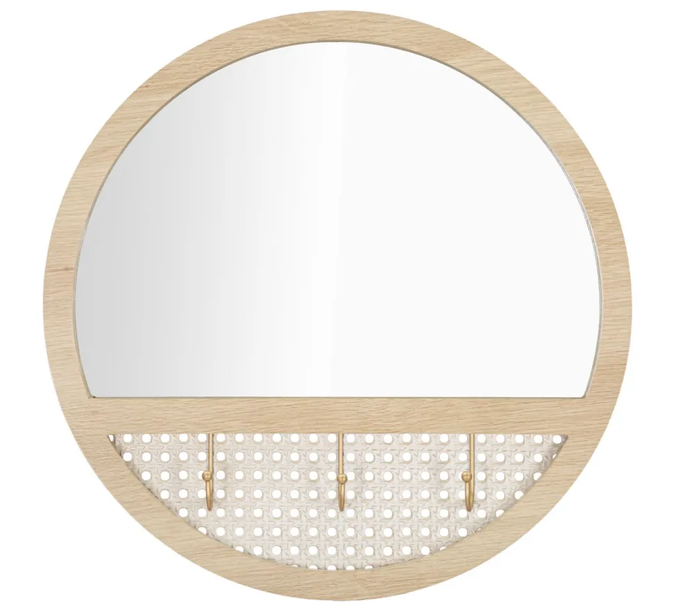 Miroir mural rond Fuji Chêne Clair avec 3 crochets en paille de Vienne