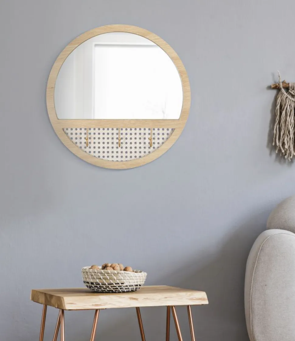 Miroir mural rond Fuji Chêne Clair avec 3 crochets en paille de Vienne