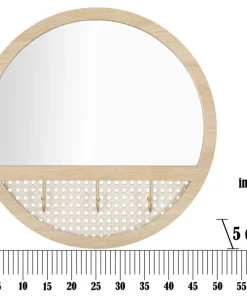 Miroir mural rond Fuji Chêne Clair avec 3 crochets en paille de Vienne