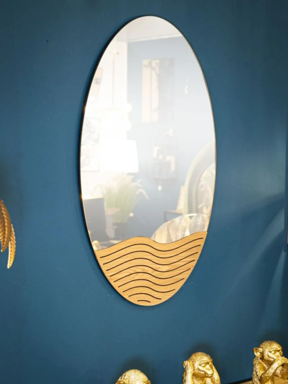 Miroir mural rond M.D.F et verre naturel décor en bois