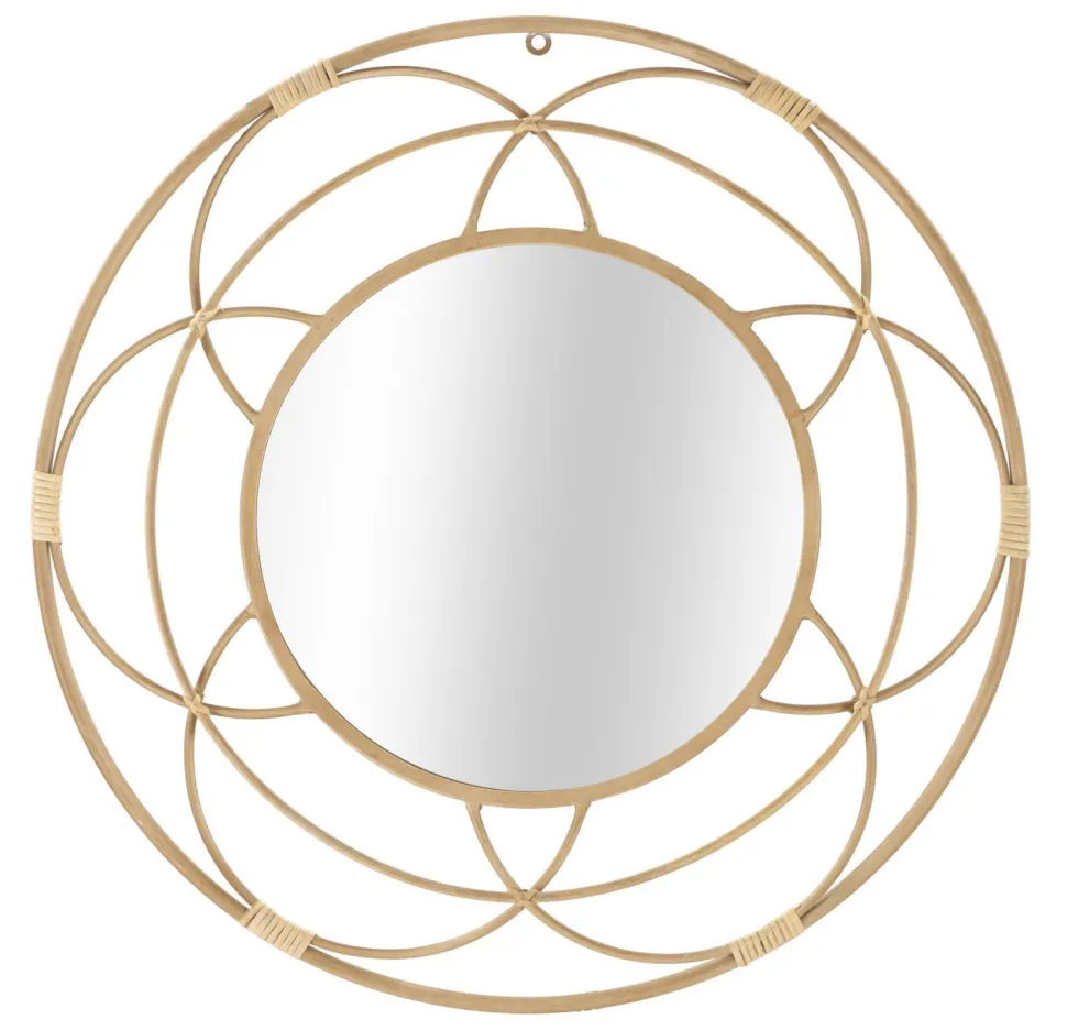 Miroir mural rond Valencia cadre géométrique rotin marron et verre