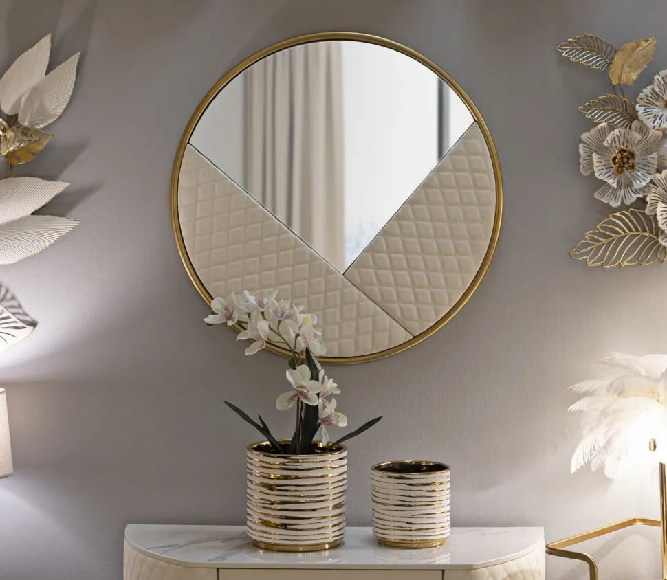 Miroir mural Sharon Fer doré et cuir piqué blanc