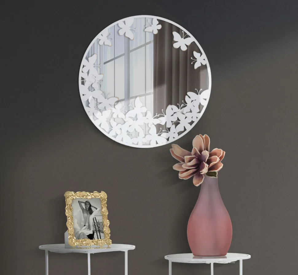 Miroir rond métal blanc décor papillons dorés