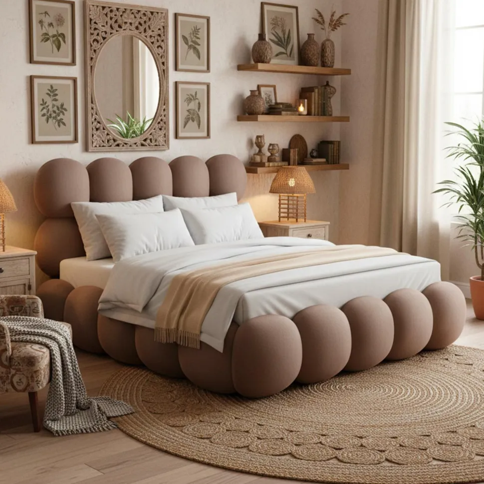 Pack Lit-coffre design boule Bilbola + Matelas Bedream 140x190cm Velours Taupe