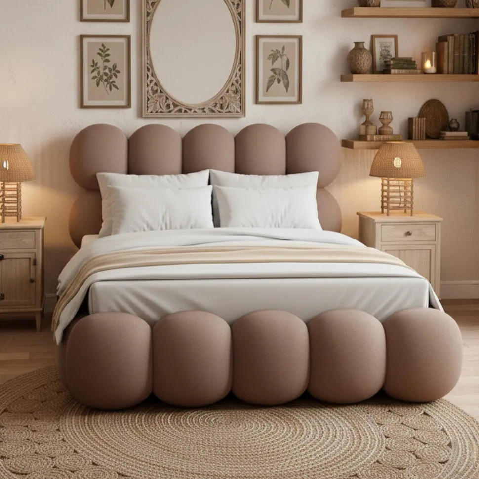Pack Lit-coffre design boule Bilbola + Matelas Bedream 140x190cm Velours Taupe