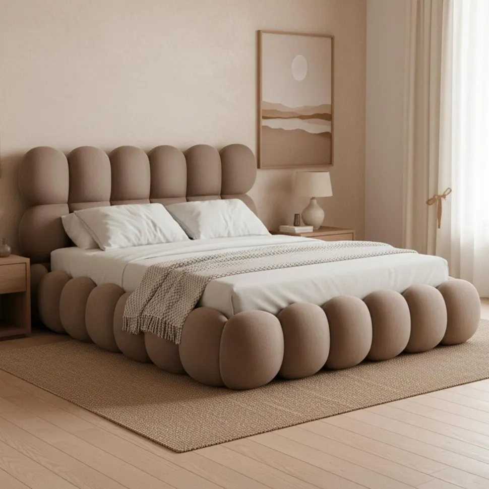 Pack Lit-coffre design boule Bilbola + Matelas Bedream 160x200cm Velours Taupe