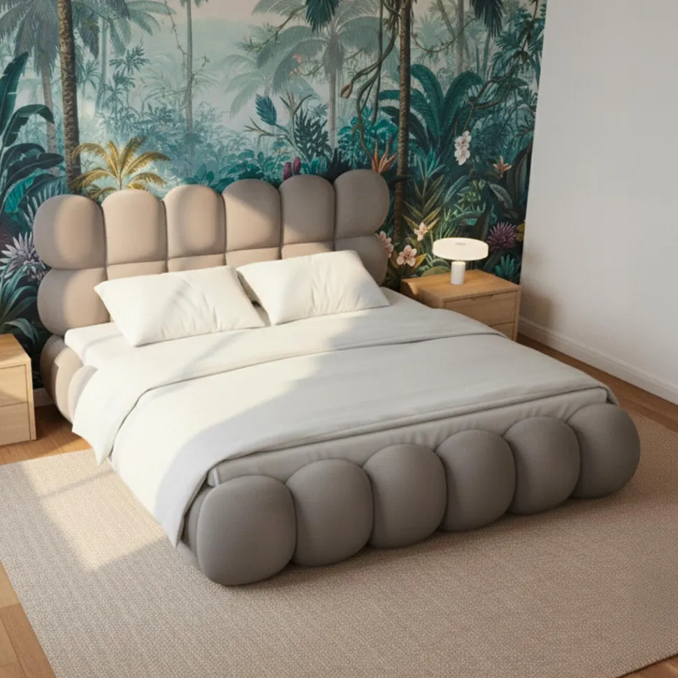 Pack Lit-coffre design boule Bilbola + Matelas Bedream 180x200cm Velours Gris