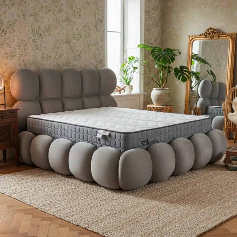 Pack Lit-coffre design boule Bilbola + Matelas Bedream 140x190cm Velours Gris
