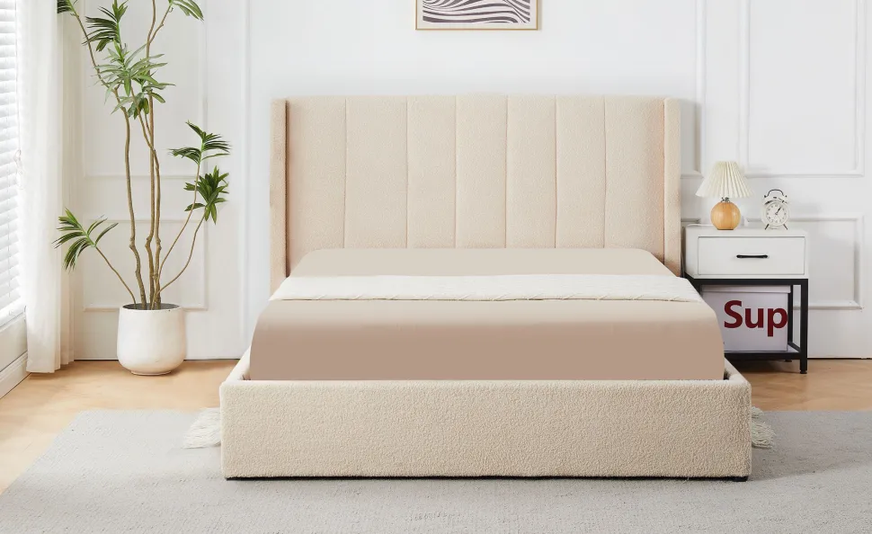 Pack Lit-coffre Magorial + Matelas Bedream 160x200cm Tissu bouclette Crème
