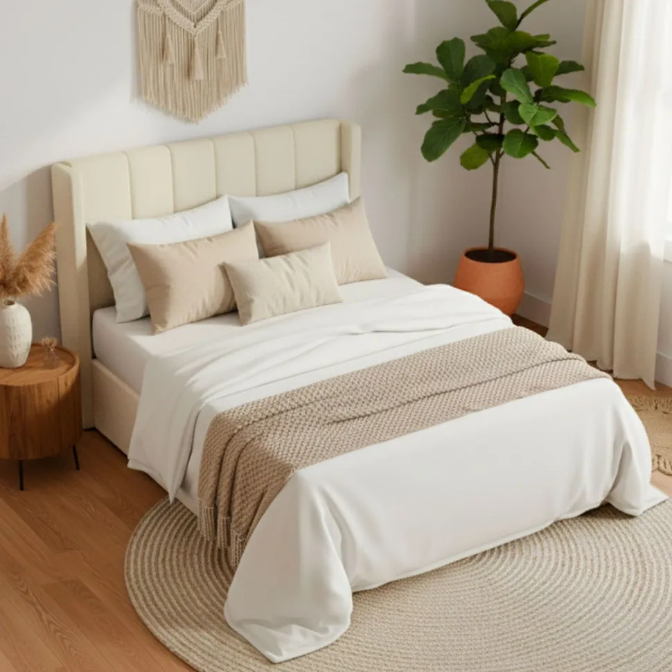 Pack Lit-coffre Magorial + Matelas Bedream 140x190cm Tissu bouclette Crème
