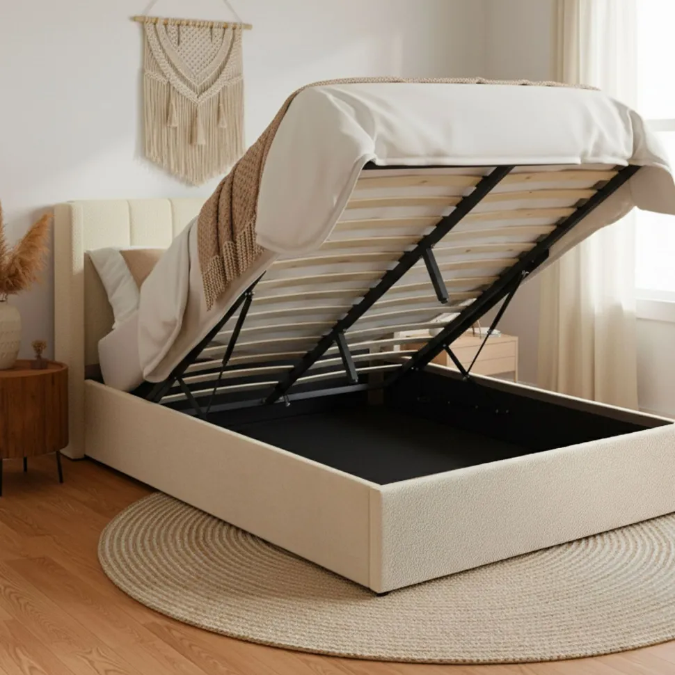 Pack Lit-coffre Magorial + Matelas Bedream 140x190cm Tissu bouclette Crème