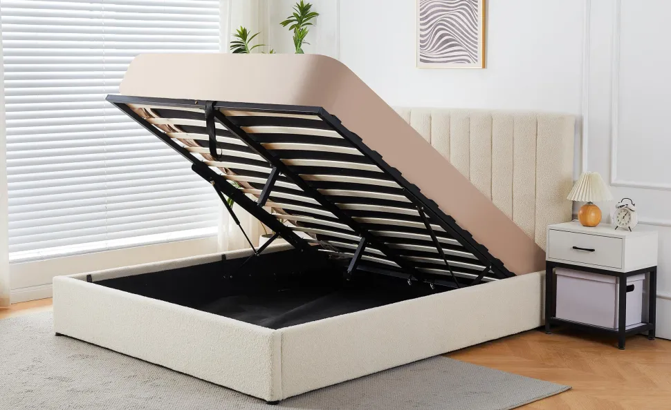 Pack Lit-coffre Songe + Matelas Bedream 140x190cm Tissu bouclette Beige