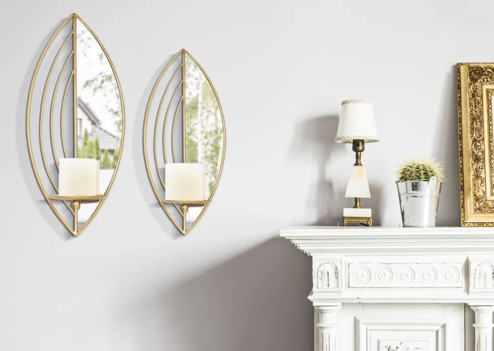 Paire de porte-bougies muraux en métal avec miroir motif feuille