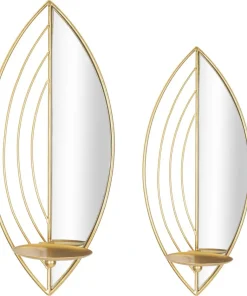 Paire de porte-bougies muraux en métal avec miroir motif feuille