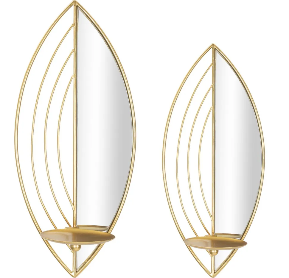 Paire de porte-bougies muraux en métal avec miroir motif feuille