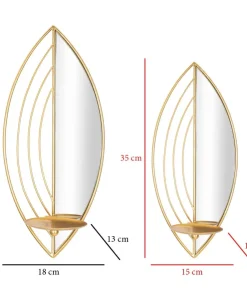 Paire de porte-bougies muraux en métal avec miroir motif feuille