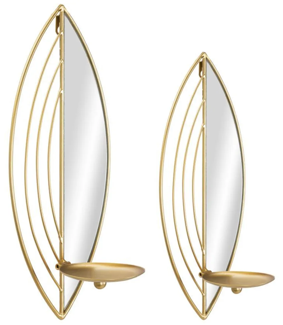 Paire de porte-bougies muraux en métal avec miroir motif feuille