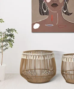 Paniers ronds en rotin marron finition tissu naturel
