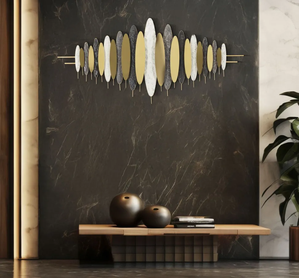 Panneau mural abstrait Oligram Métal doré et détails en marbre