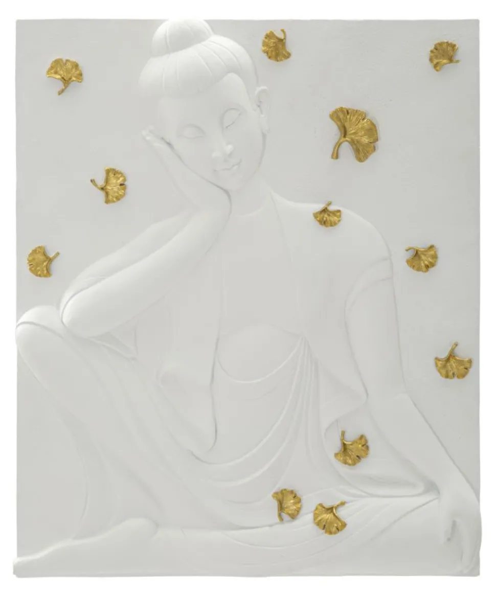 Panneau mural décoratif Bouddha résine 3D blanc et feuilles dorées